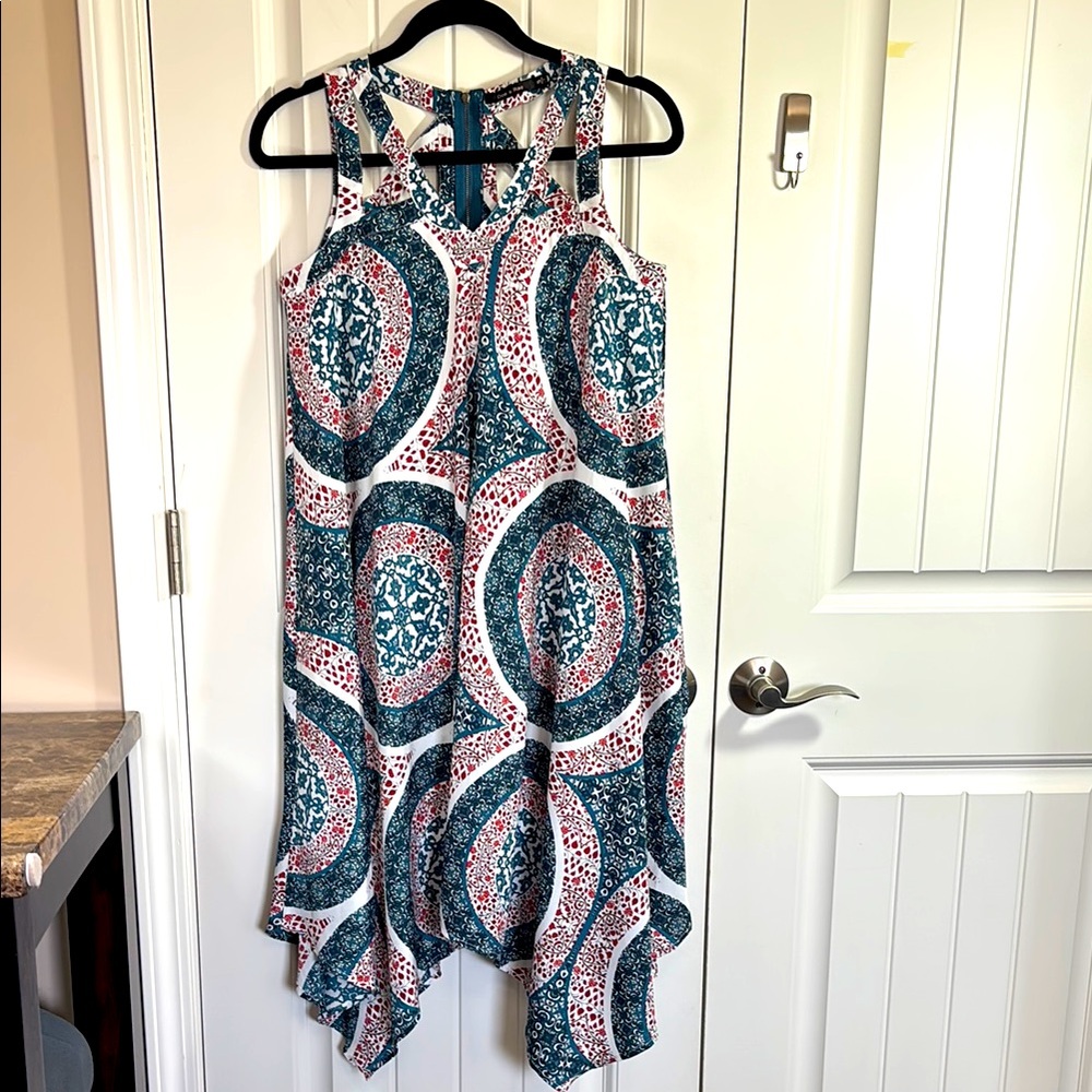 Doe & Rae Strappy Asymmetrical Boho Red White Blue Dress Size Small